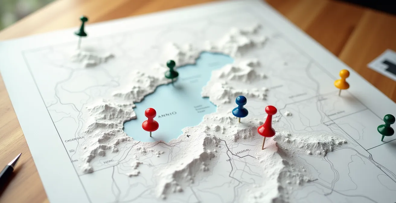 Carte topographique du lac d'Annecy avec épingles colorées marquant les meilleurs emplacements de camping