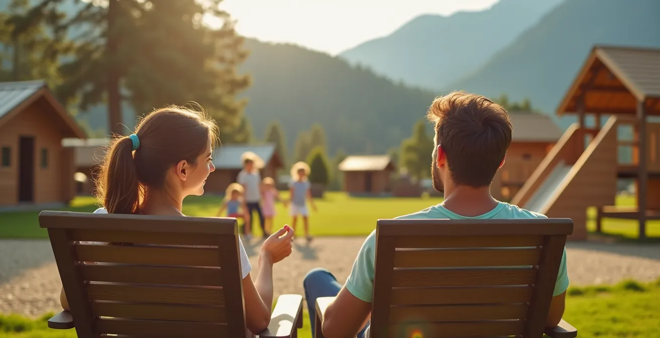 Parents se relaxant pendant que les enfants jouent en sécurité dans l'aire de jeux du camping